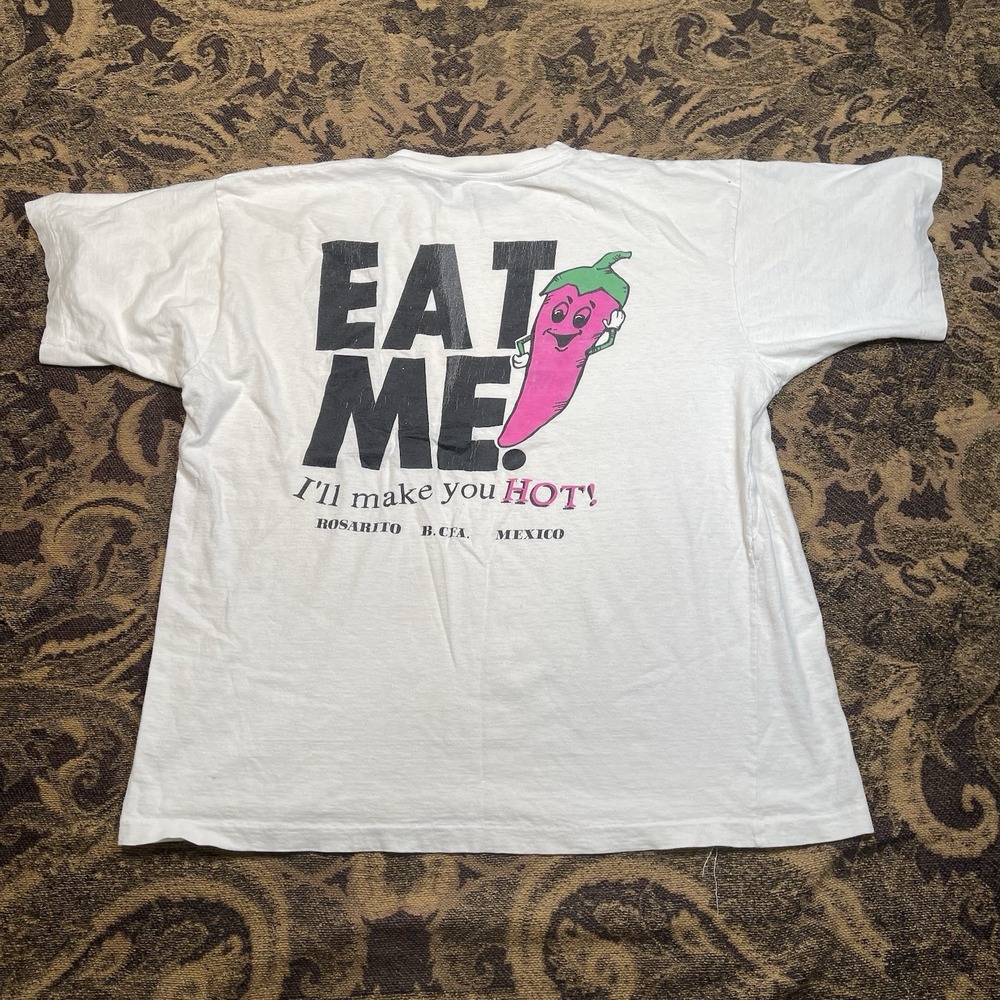 Vtg 90s Eat Me Hot Chile Mexico White Boxy T Shirt Mens Size Large